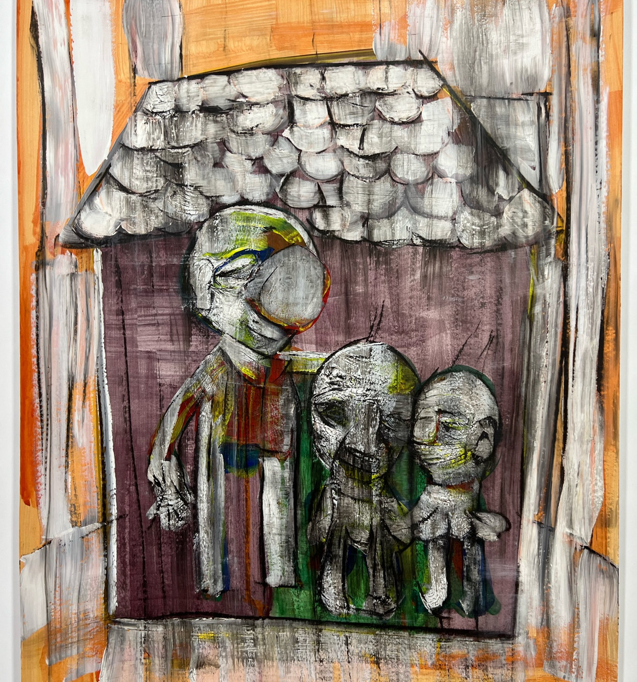 Father and children in house painting